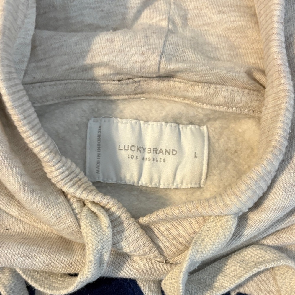 Lucky Brand Cropped Gray Hoodie with Navy Lettering. Front pocket. - Picture 3 of 4